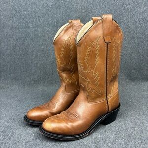 Old West Youth Western Cowboy Boots Brown Leather CCY1129G Size 5 GUC Pink Sole